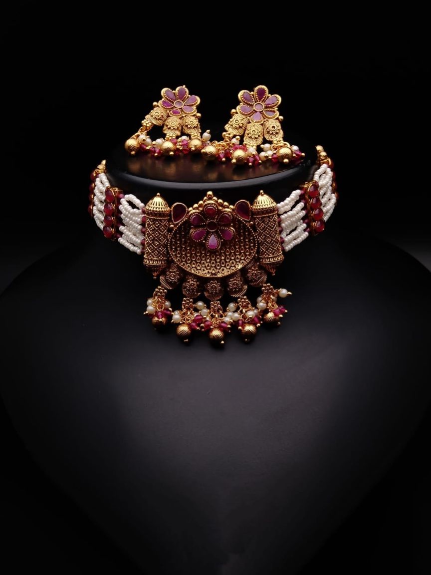 CHOKER IN POLKI (GOLD POLISH) STYLE | DESIGN - 21144