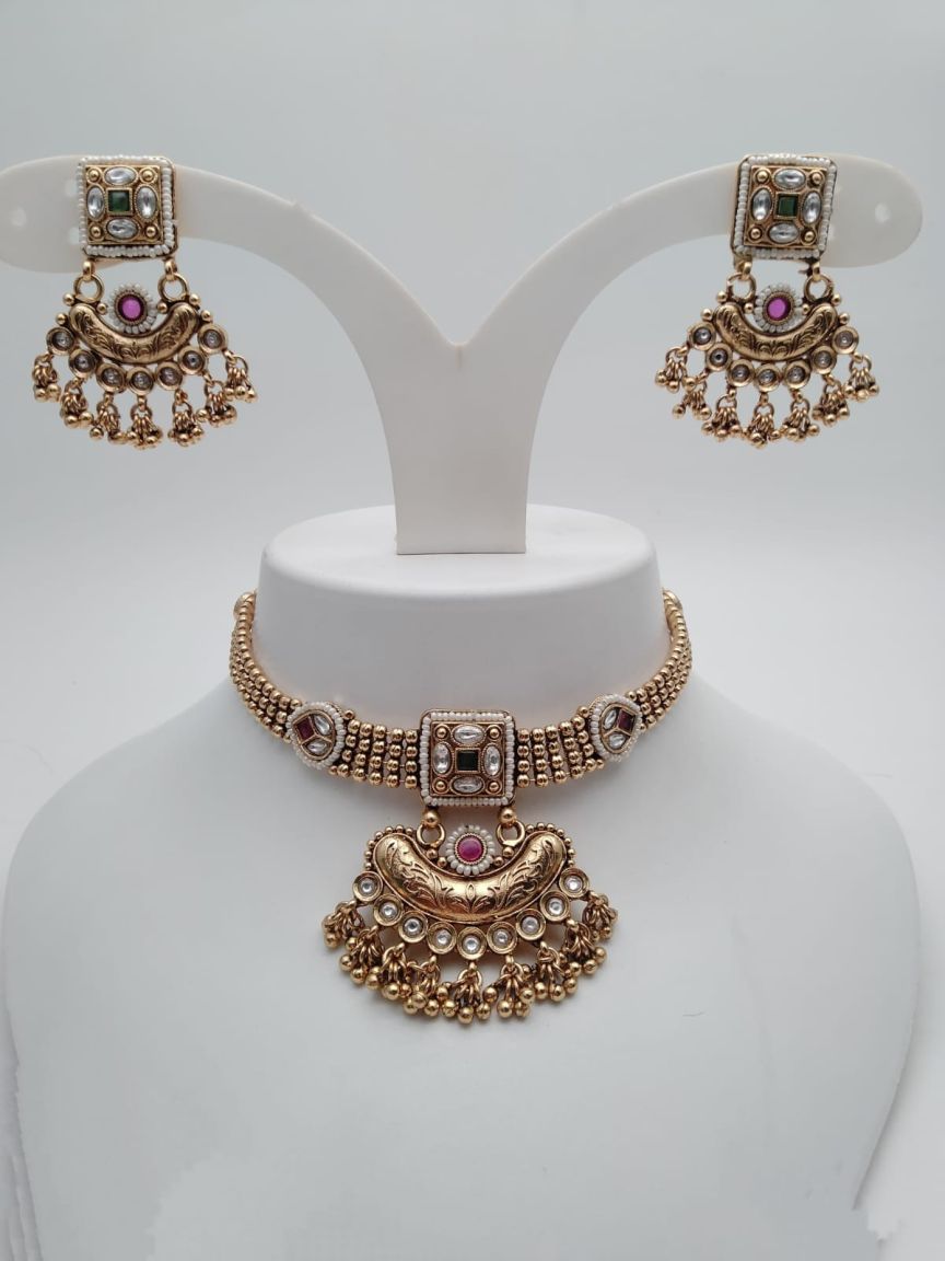 CHOKER IN POLKI (GOLD POLISH) STYLE | DESIGN - 21266