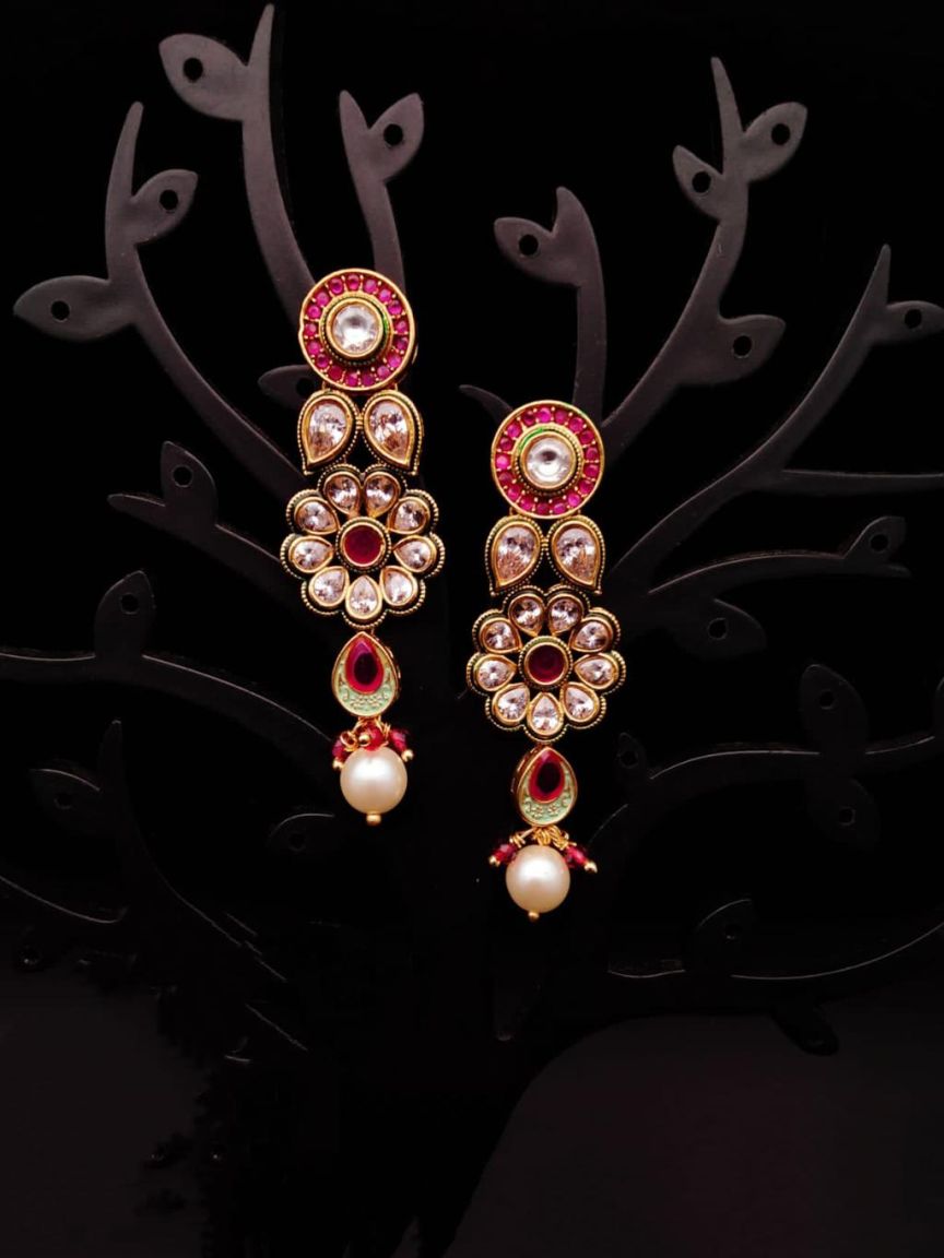EARRINGS IN POLKI (GOLD POLISH) STYLE | DESIGN - 49105