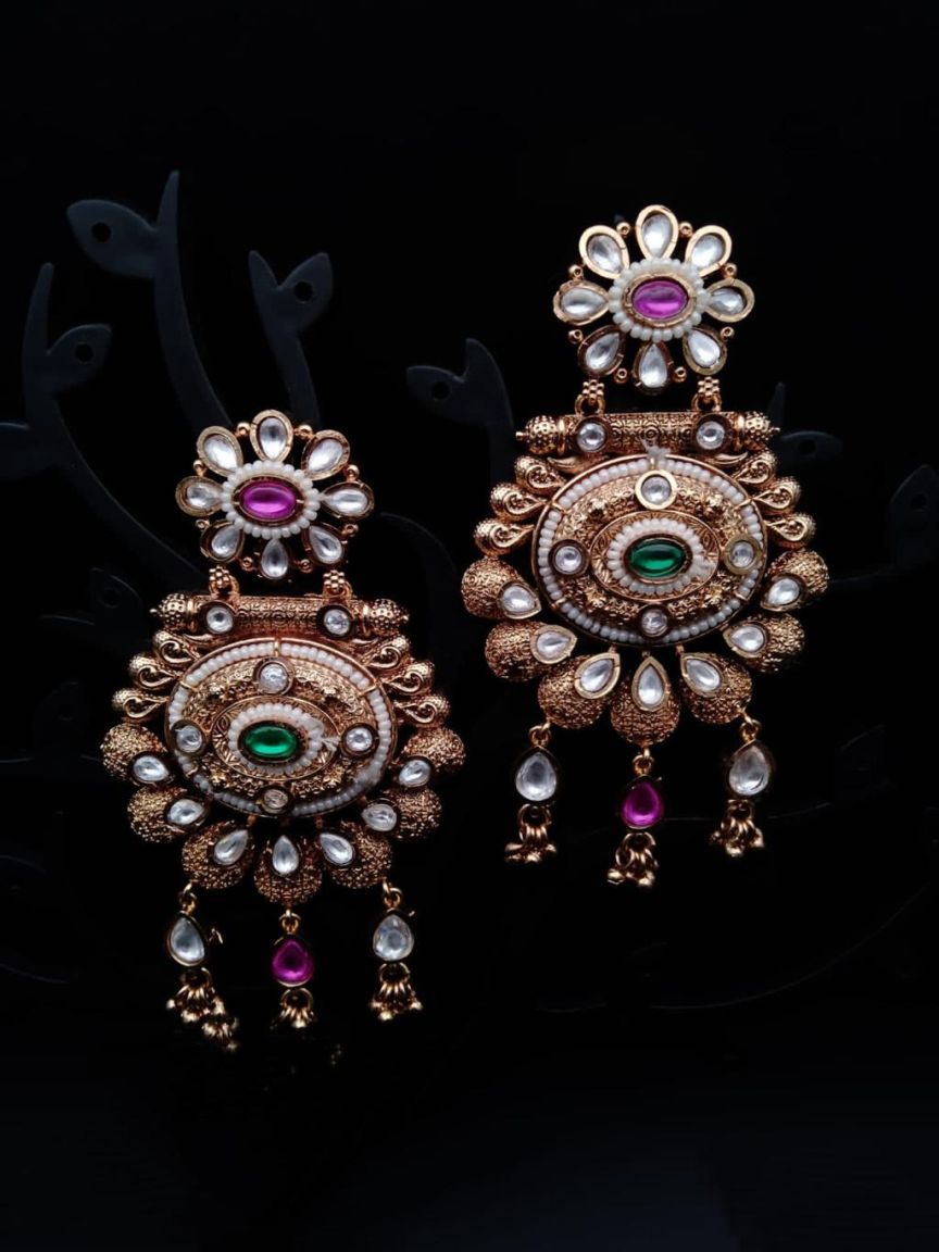 EARRINGS IN POLKI (GOLD POLISH) STYLE | DESIGN - 49110