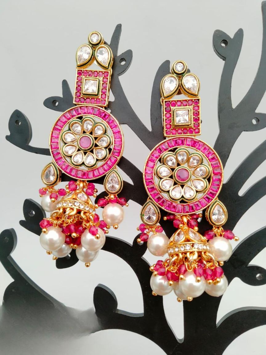 EARRINGS IN POLKI (GOLD POLISH) STYLE | DESIGN - 49190