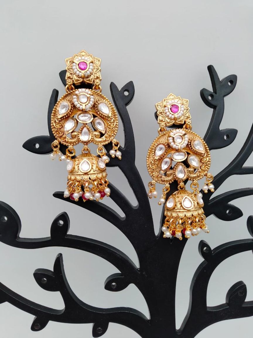 EARRINGS IN POLKI (GOLD POLISH) STYLE | DESIGN - 49210