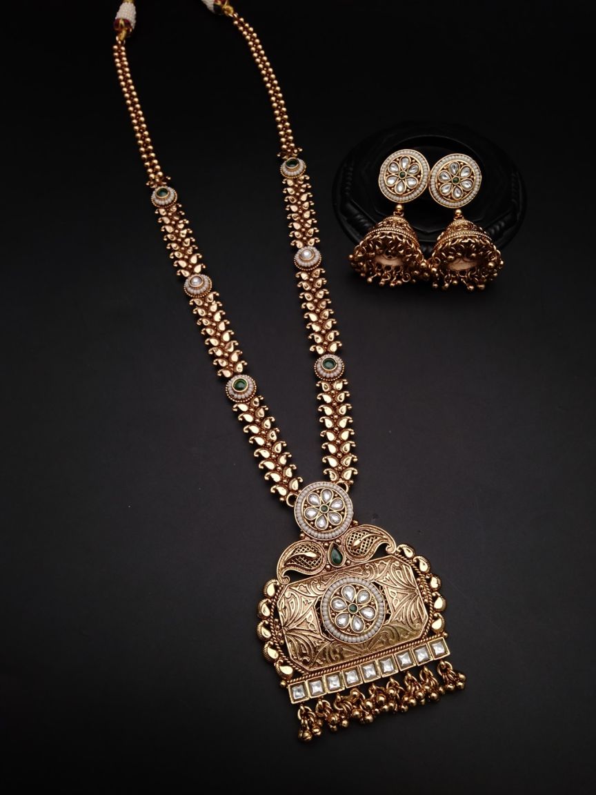 LONG SET IN POLKI (GOLD POLISH) STYLE | DESIGN - 10142