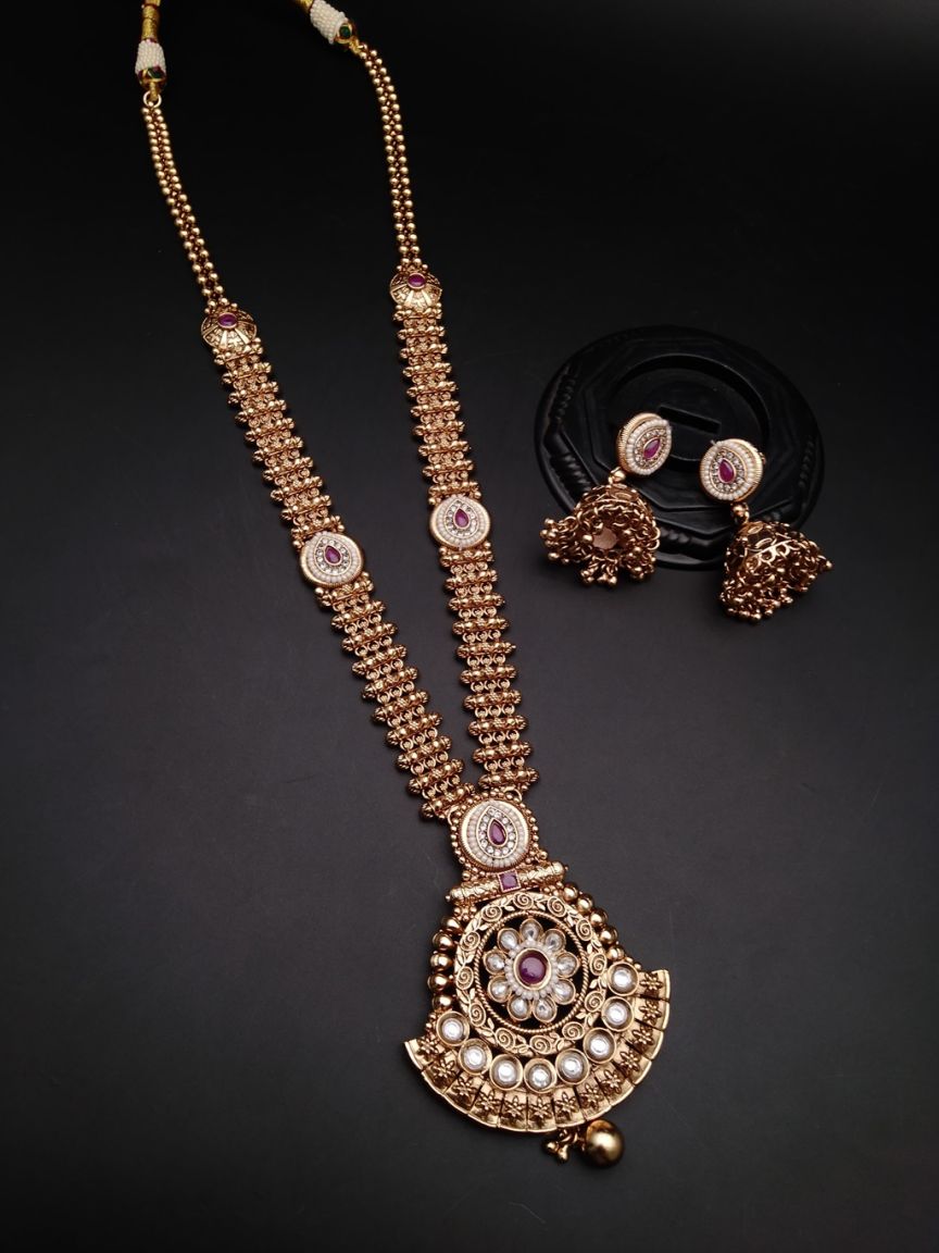 LONG SET IN POLKI (GOLD POLISH) STYLE | DESIGN - 10148