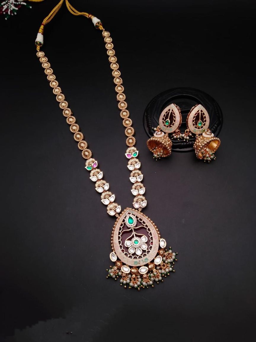 LONG SET IN POLKI (GOLD POLISH) STYLE | DESIGN - 10150
