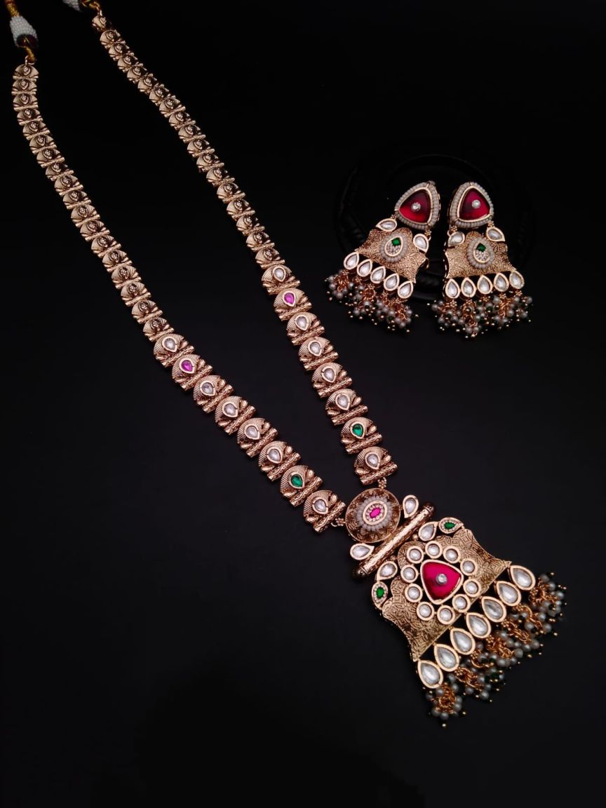LONG SET IN POLKI (GOLD POLISH) STYLE | DESIGN - 10195