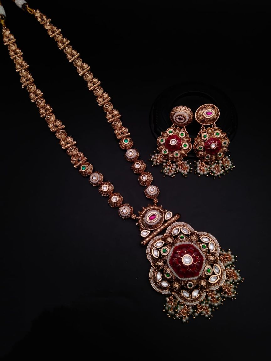 LONG SET IN POLKI (GOLD POLISH) STYLE | DESIGN - 10197
