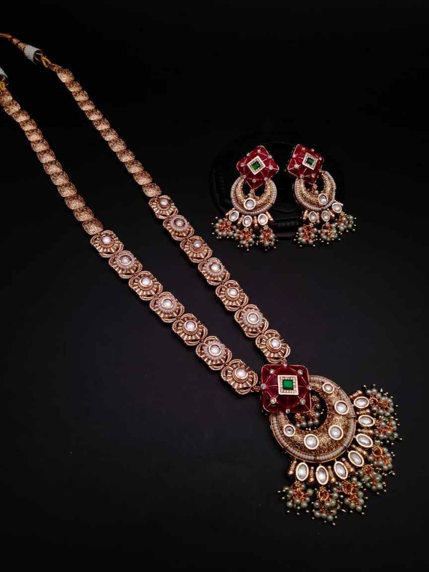 LONG SET IN POLKI (GOLD POLISH) STYLE | DESIGN - 10198