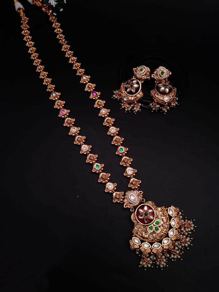 LONG SET IN POLKI (GOLD POLISH) STYLE | DESIGN - 10199
