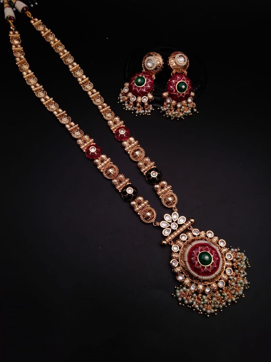 LONG SET IN POLKI (GOLD POLISH) STYLE | DESIGN - 10200