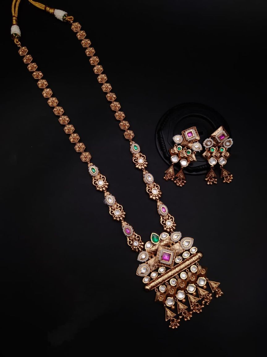 LONG SET IN POLKI (GOLD POLISH) STYLE | DESIGN - 10207