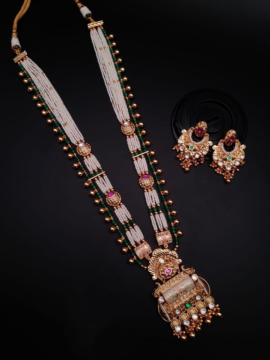 LONG SET IN POLKI (GOLD POLISH) STYLE | DESIGN - 10223