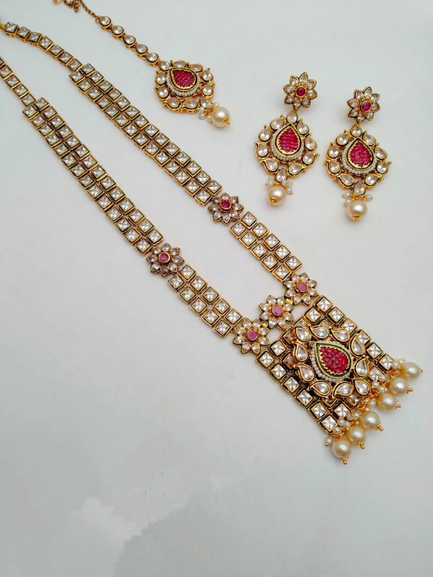 LONG SET IN POLKI (GOLD POLISH) STYLE | DESIGN - 10243