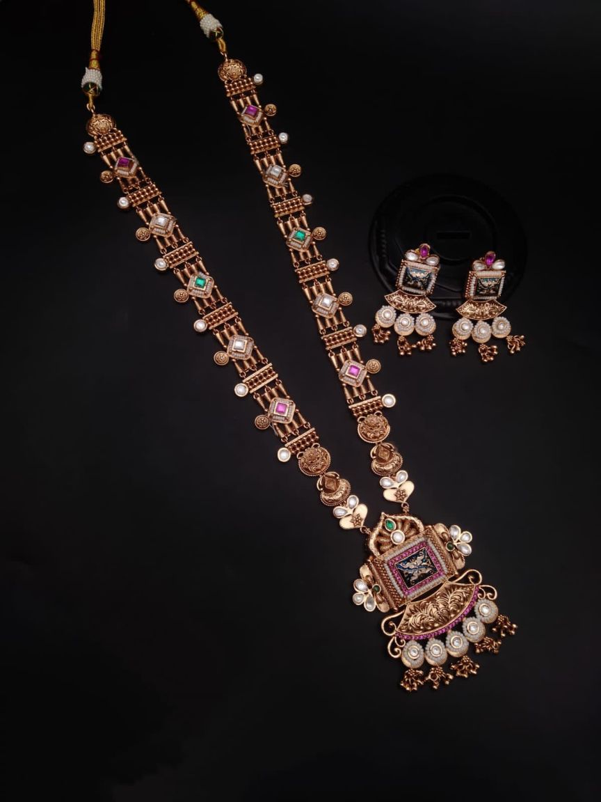 LONG SET IN POLKI (GOLD POLISH) STYLE | DESIGN - 10254