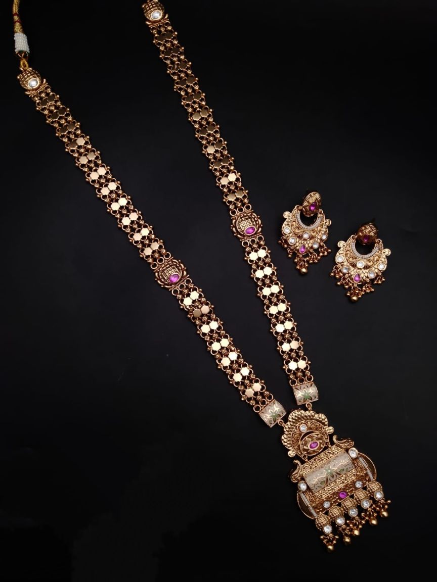 LONG SET IN POLKI (GOLD POLISH) STYLE | DESIGN - 10259