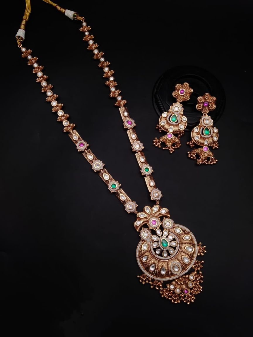 LONG SET IN POLKI (GOLD POLISH) STYLE | DESIGN - 10261