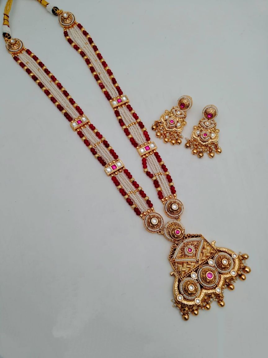 LONG SET IN POLKI (GOLD POLISH) STYLE | DESIGN - 10270