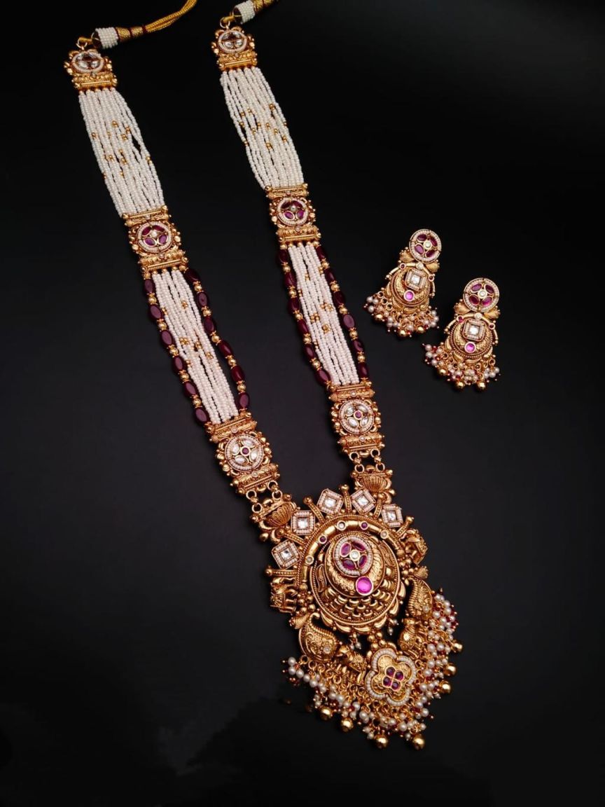 LONG SET IN POLKI (GOLD POLISH) STYLE | DESIGN - 10275
