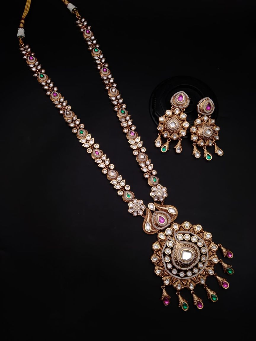 LONG SET IN POLKI (GOLD POLISH) STYLE | DESIGN - 10280
