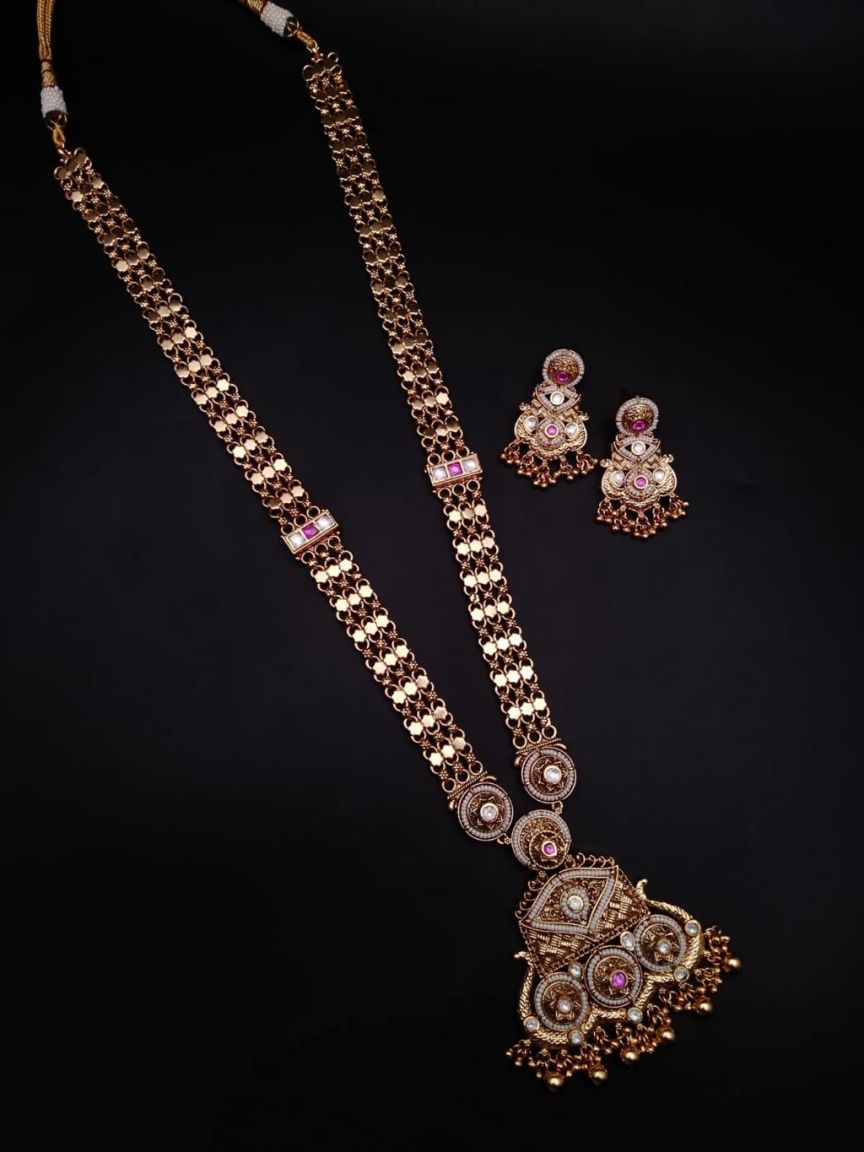 LONG SET IN POLKI (GOLD POLISH) STYLE | DESIGN - 10284
