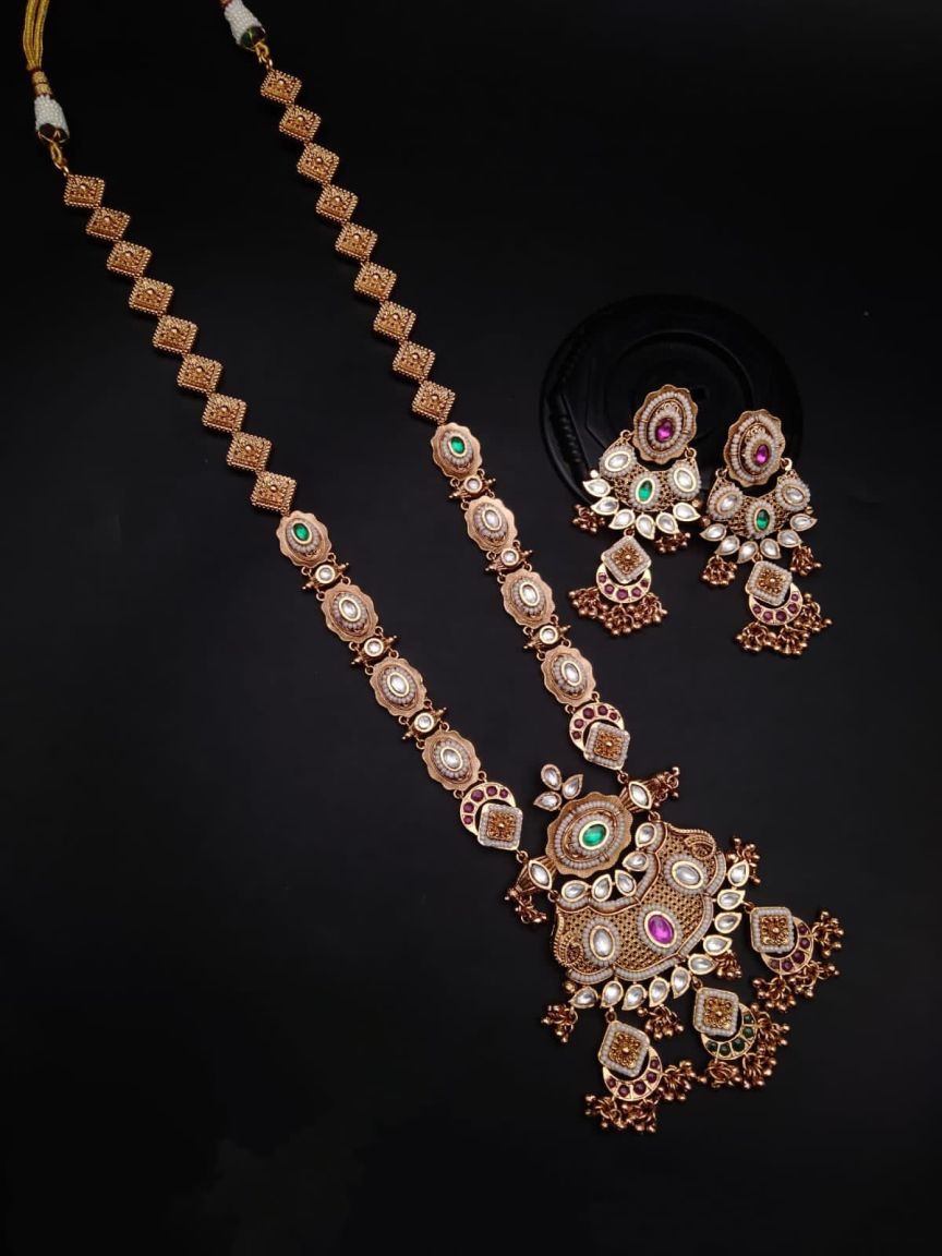 LONG SET IN POLKI (GOLD POLISH) STYLE | DESIGN - 10286