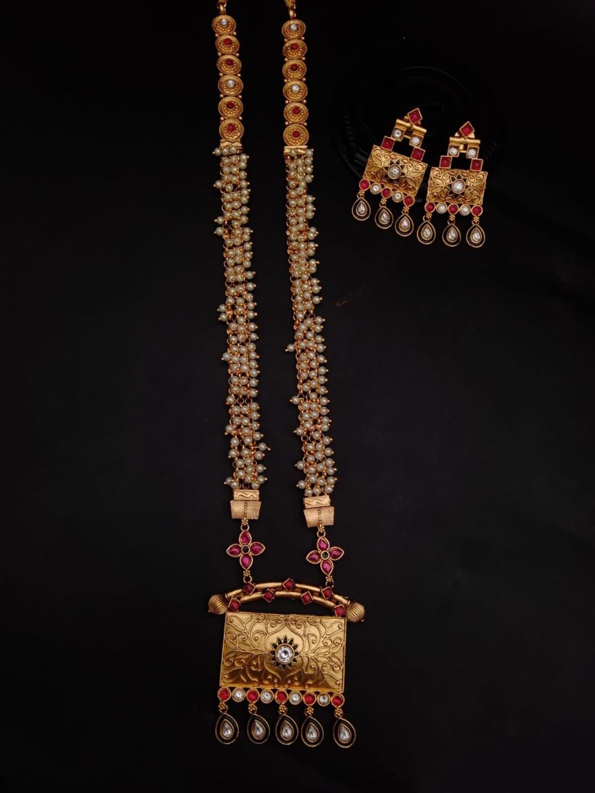 LONG SET IN POLKI (GOLD POLISH) STYLE | DESIGN - 10293