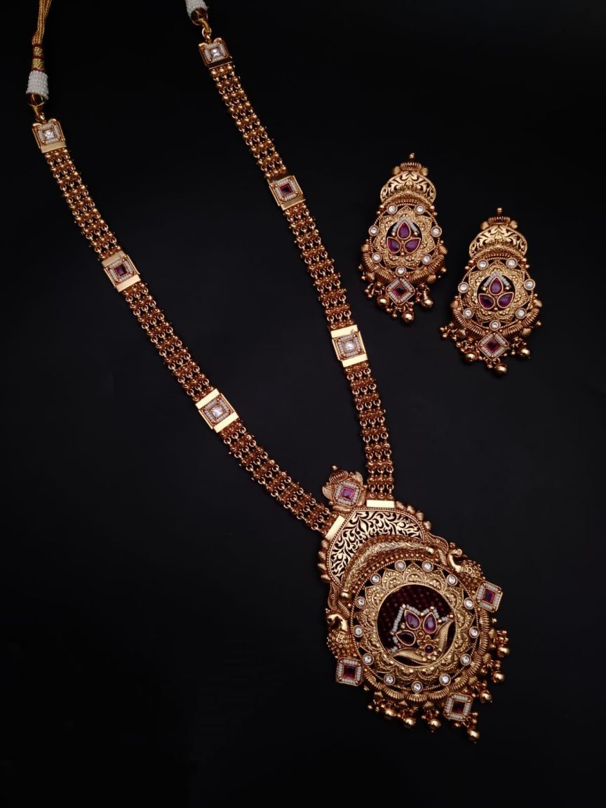 LONG SET IN POLKI (GOLD POLISH) STYLE | DESIGN - 10306