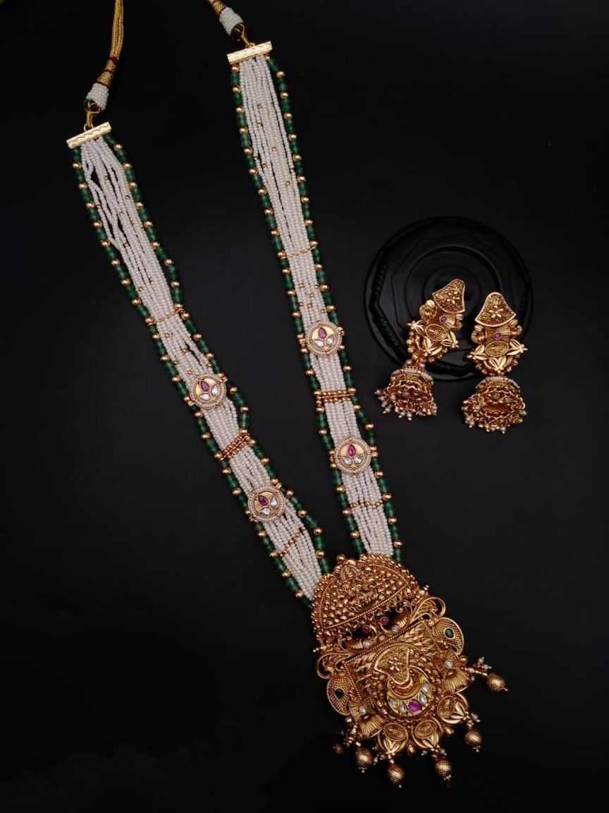 LONG SET IN POLKI (GOLD POLISH) STYLE | DESIGN - 10309