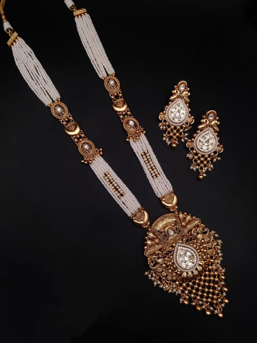 LONG SET IN POLKI (GOLD POLISH) STYLE | DESIGN - 10313