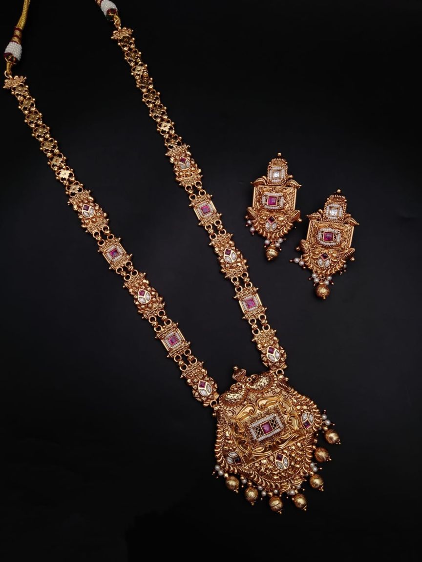 LONG SET IN POLKI (GOLD POLISH) STYLE | DESIGN - 10316