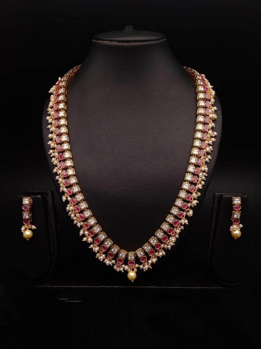 LONG SET IN POLKI (GOLD POLISH) STYLE | DESIGN - 10319