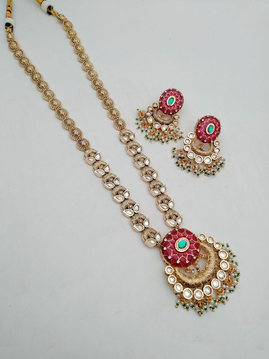 LONG SET IN POLKI (GOLD POLISH) STYLE | DESIGN - 10320