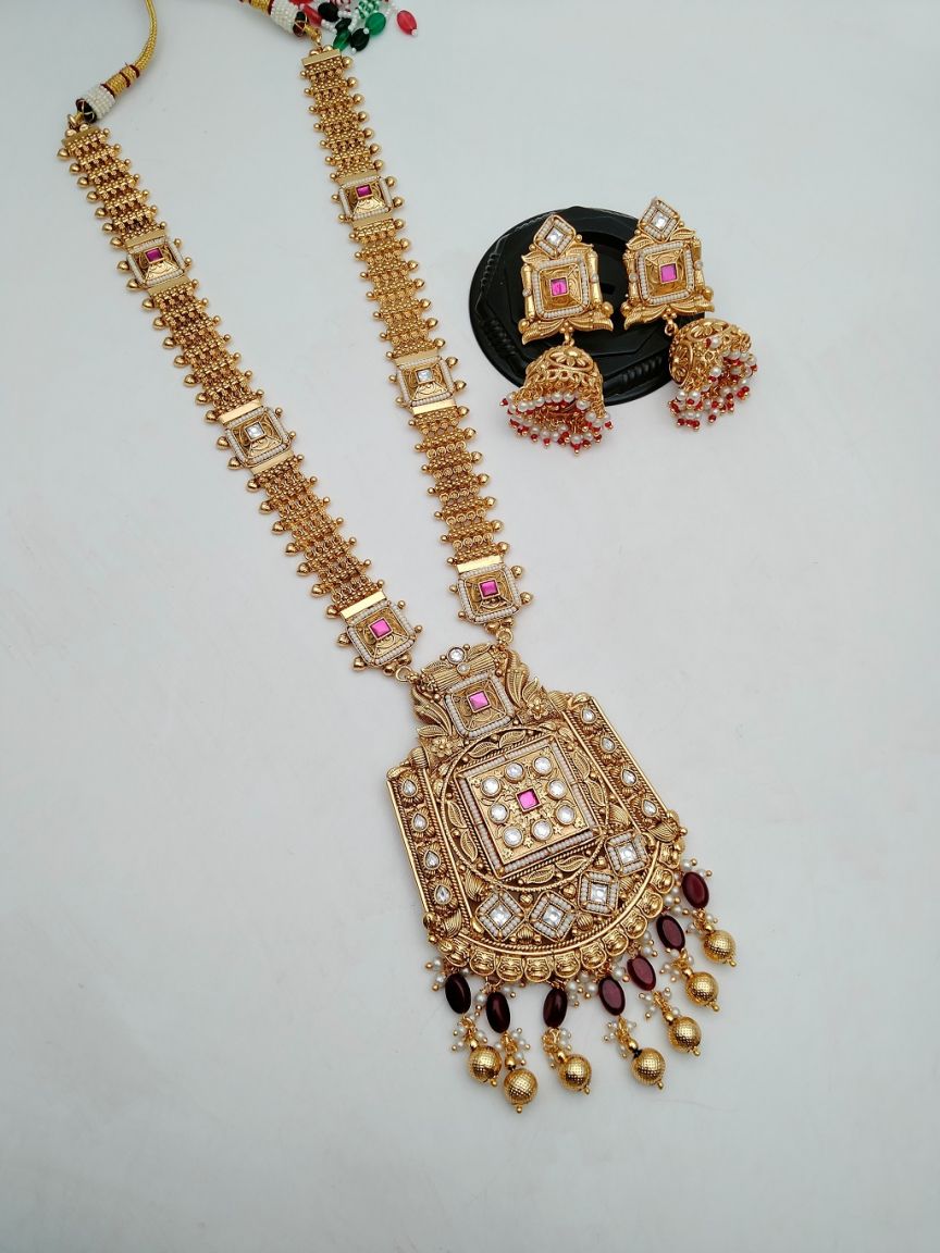 LONG SET IN POLKI (GOLD POLISH) STYLE | DESIGN - 10328