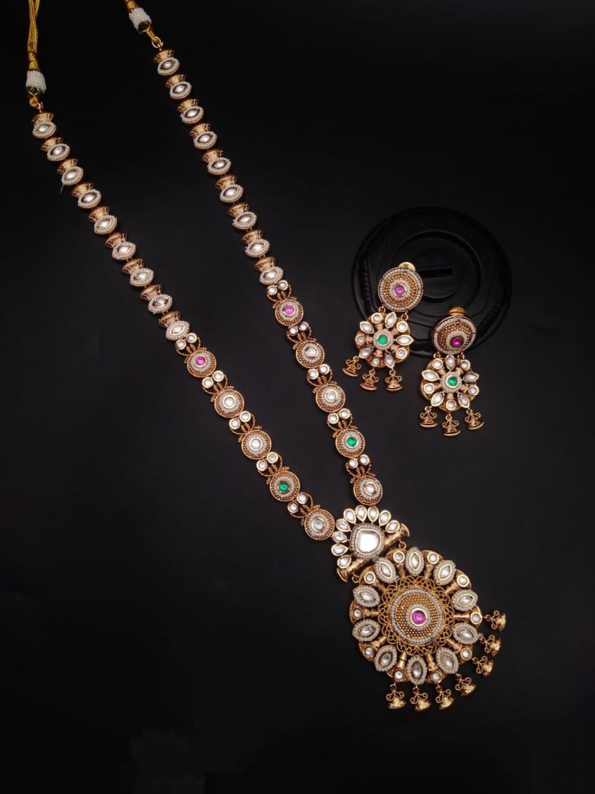 LONG SET IN POLKI (GOLD POLISH) STYLE | DESIGN - 10331