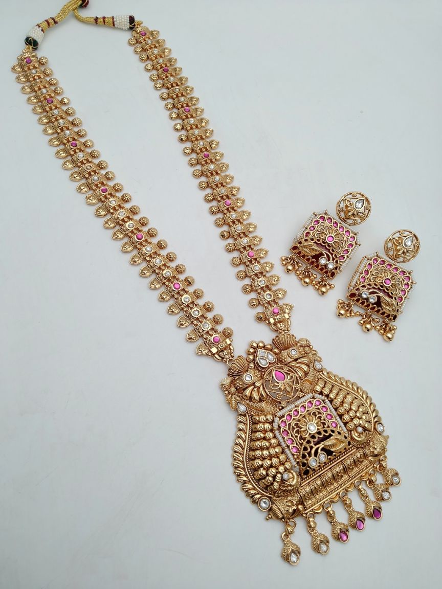 LONG SET IN POLKI (GOLD POLISH) STYLE | DESIGN - 10339