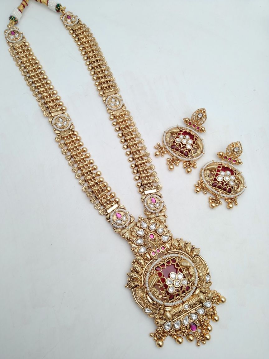 LONG SET IN POLKI (GOLD POLISH) STYLE | DESIGN - 10340