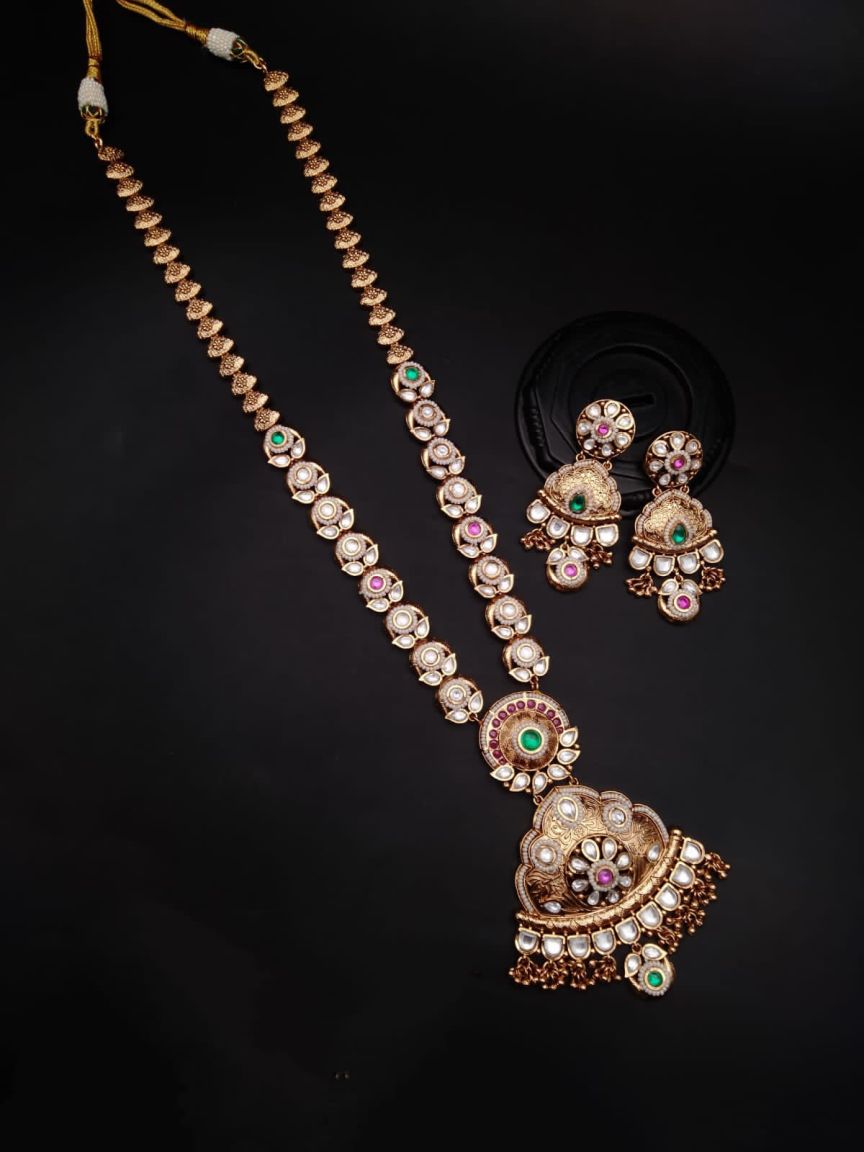 LONG SET IN POLKI (GOLD POLISH) STYLE | DESIGN - 10343