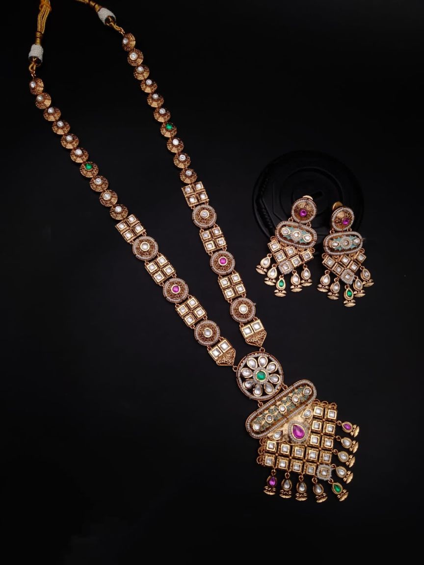 LONG SET IN POLKI (GOLD POLISH) STYLE | DESIGN - 10345