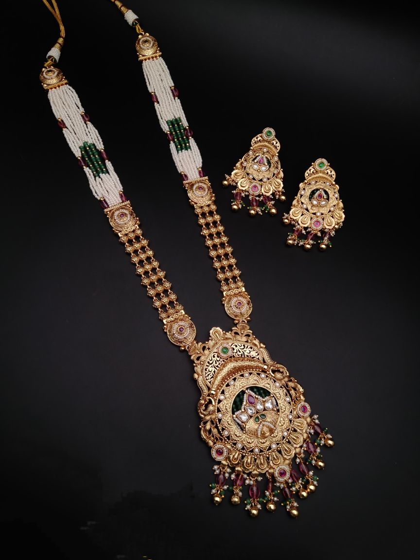 LONG SET IN POLKI (GOLD POLISH) STYLE | DESIGN - 10353