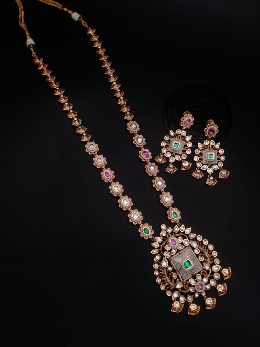 LONG SET IN POLKI (GOLD POLISH) STYLE | DESIGN - 10355