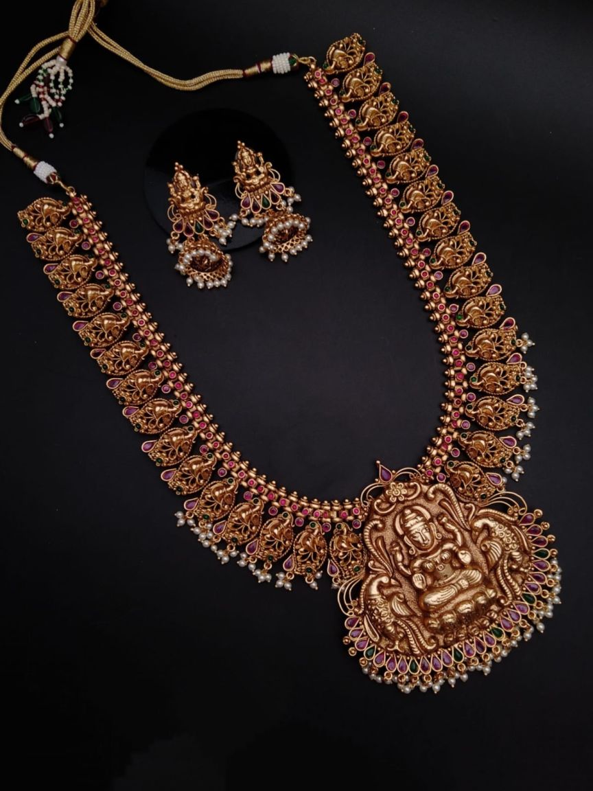 LONG SET IN POLKI (GOLD POLISH) STYLE | DESIGN - 10356