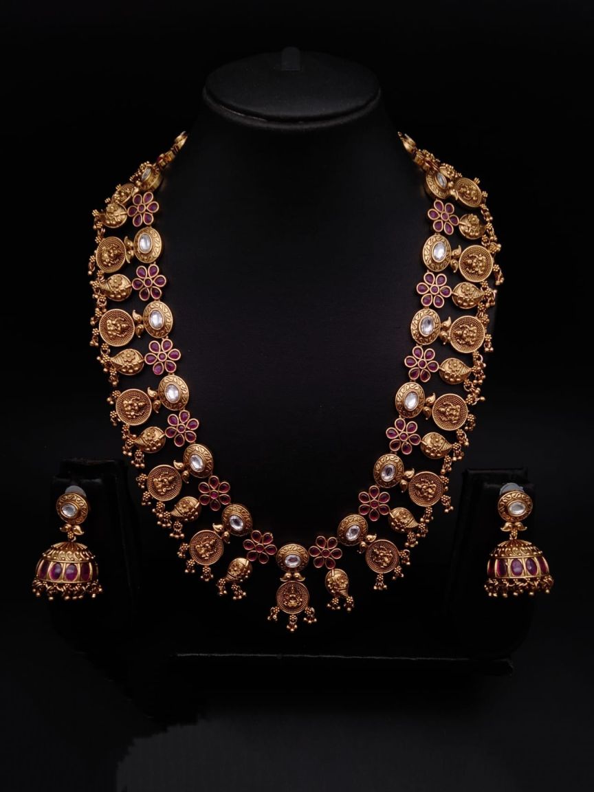 LONG SET IN POLKI (GOLD POLISH) STYLE | DESIGN - 10361