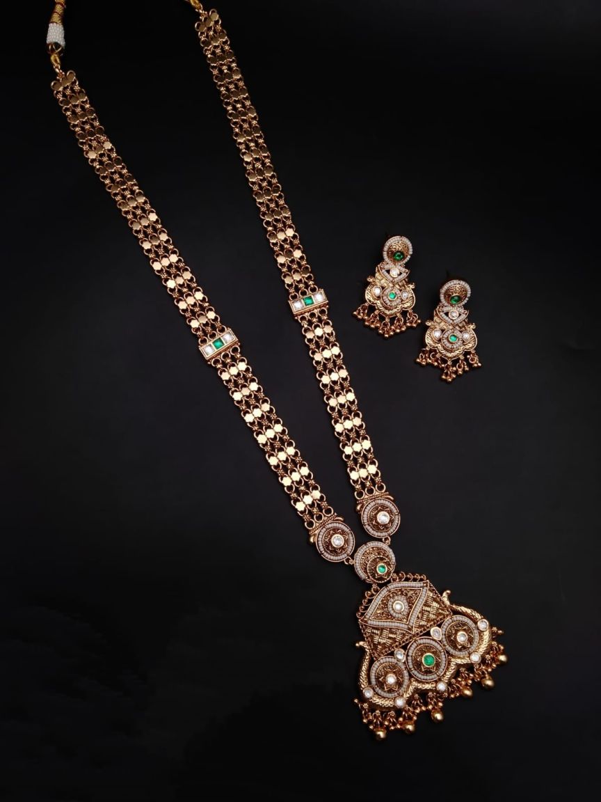 LONG SET IN POLKI (GOLD POLISH) STYLE | DESIGN - 10380