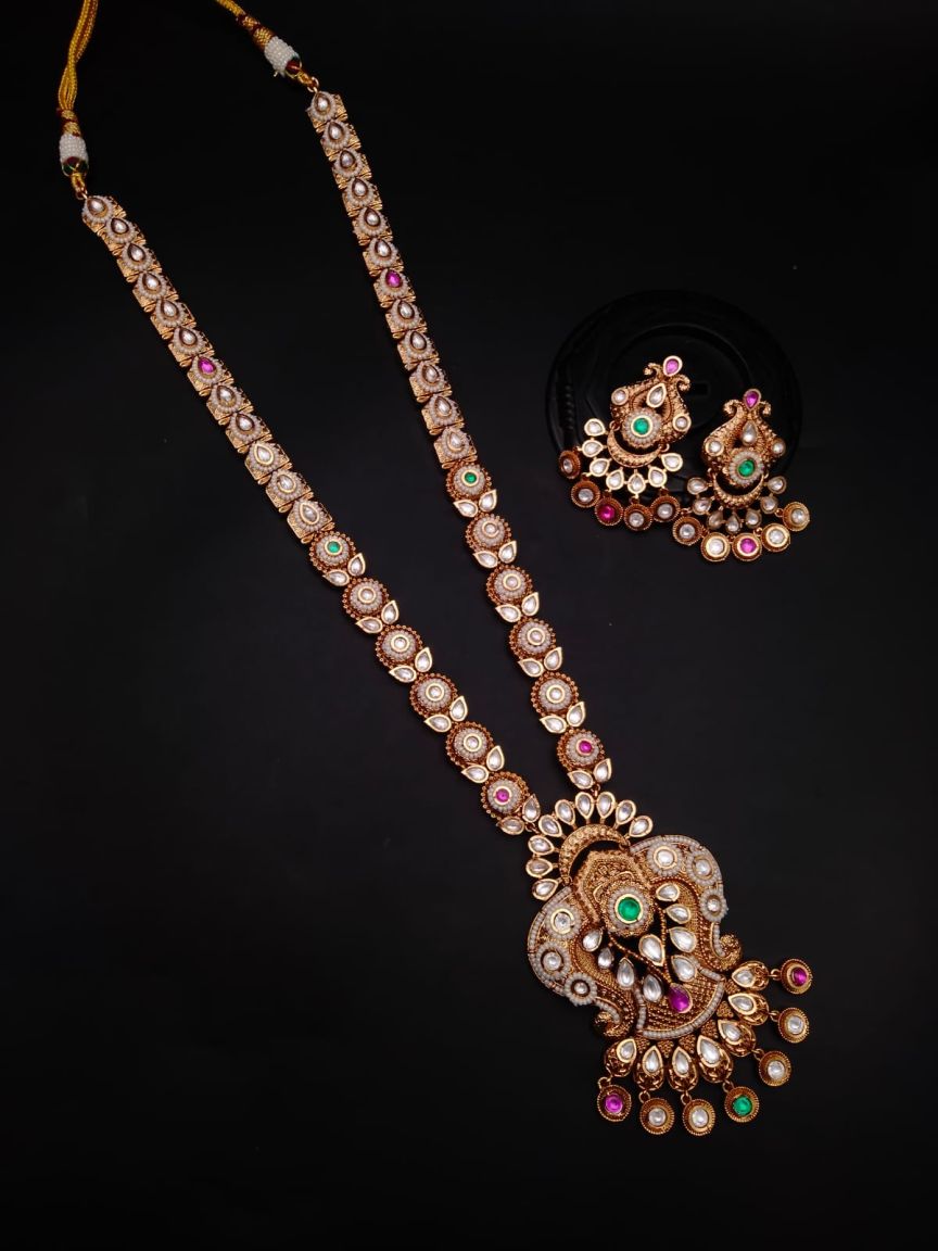 LONG SET IN POLKI (GOLD POLISH) STYLE | DESIGN - 10384
