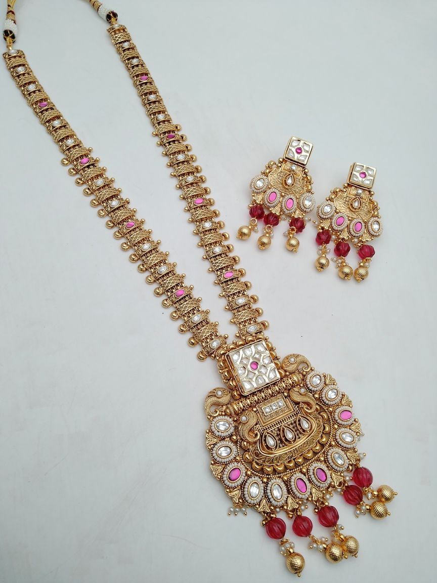 LONG SET IN POLKI (GOLD POLISH) STYLE | DESIGN - 10394