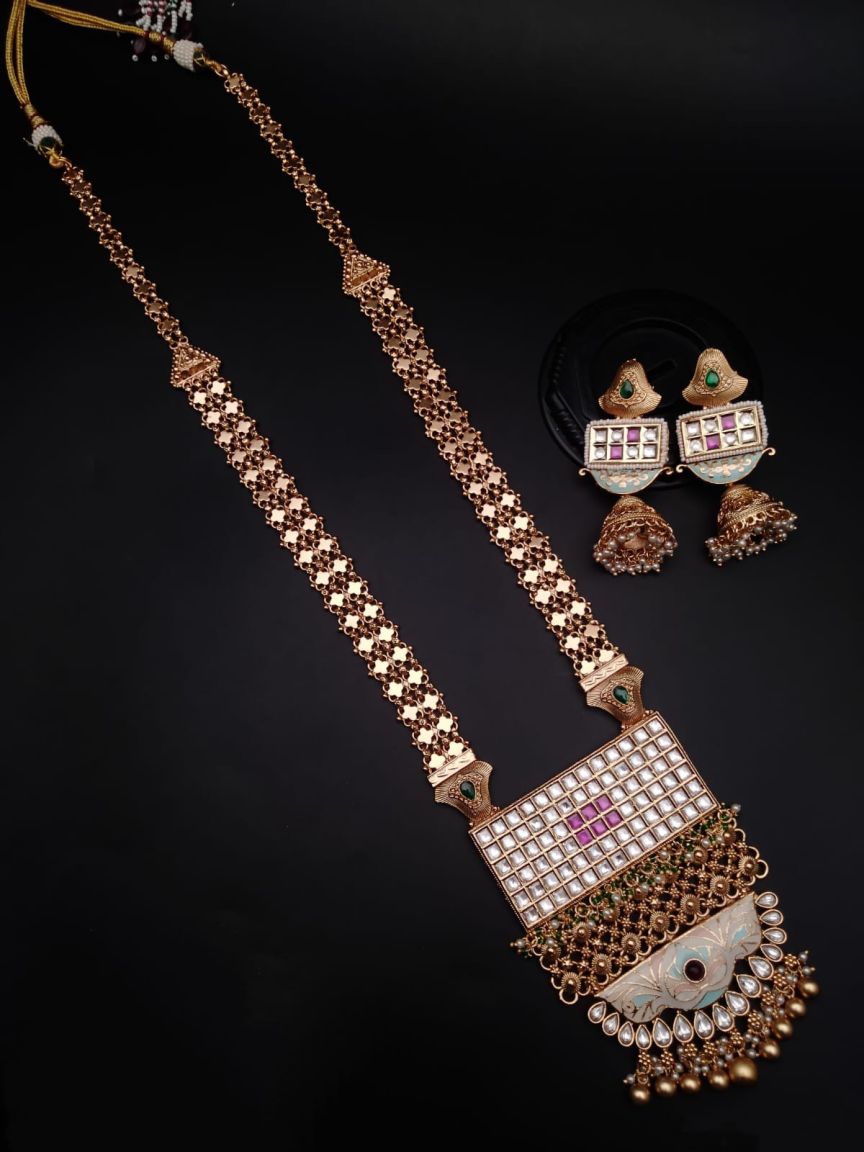 LONG SET IN POLKI (GOLD POLISH) STYLE | DESIGN - 10417
