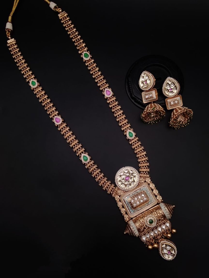 LONG SET IN POLKI (GOLD POLISH) STYLE | DESIGN - 10419