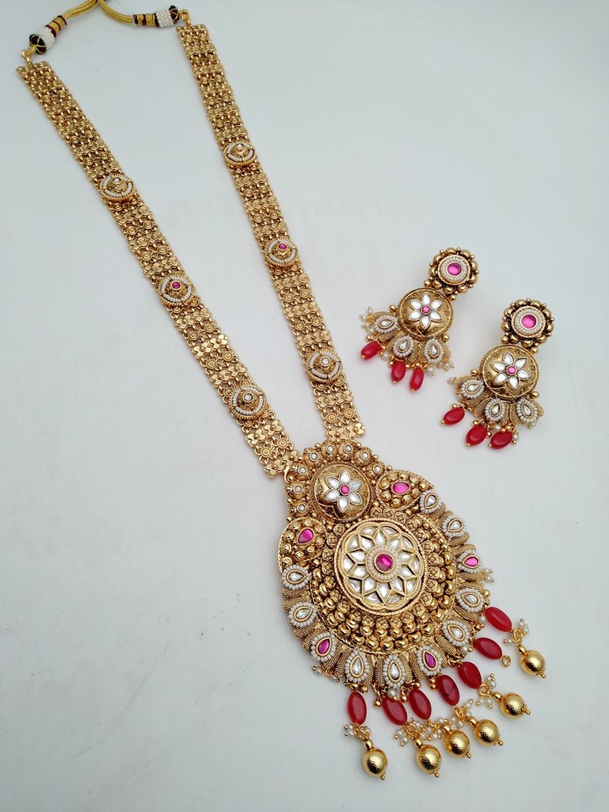 LONG SET IN POLKI (GOLD POLISH) STYLE | DESIGN - 10458