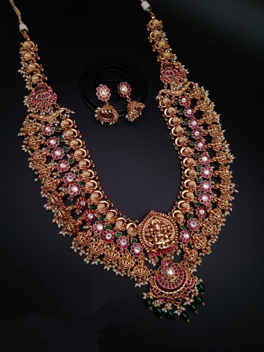 LONG SET IN POLKI (GOLD POLISH) STYLE | DESIGN - 10459