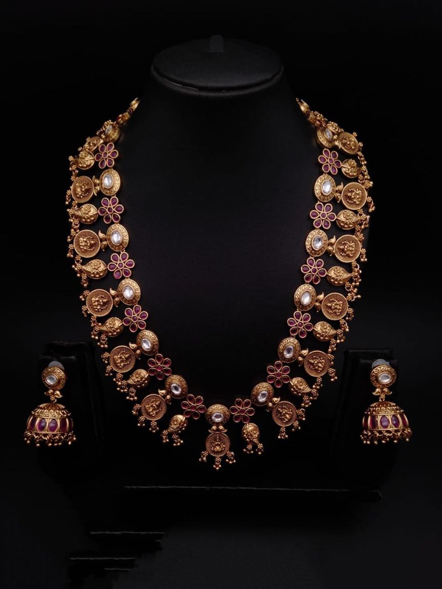 LONG SET IN POLKI (GOLD POLISH) STYLE | DESIGN - 10463